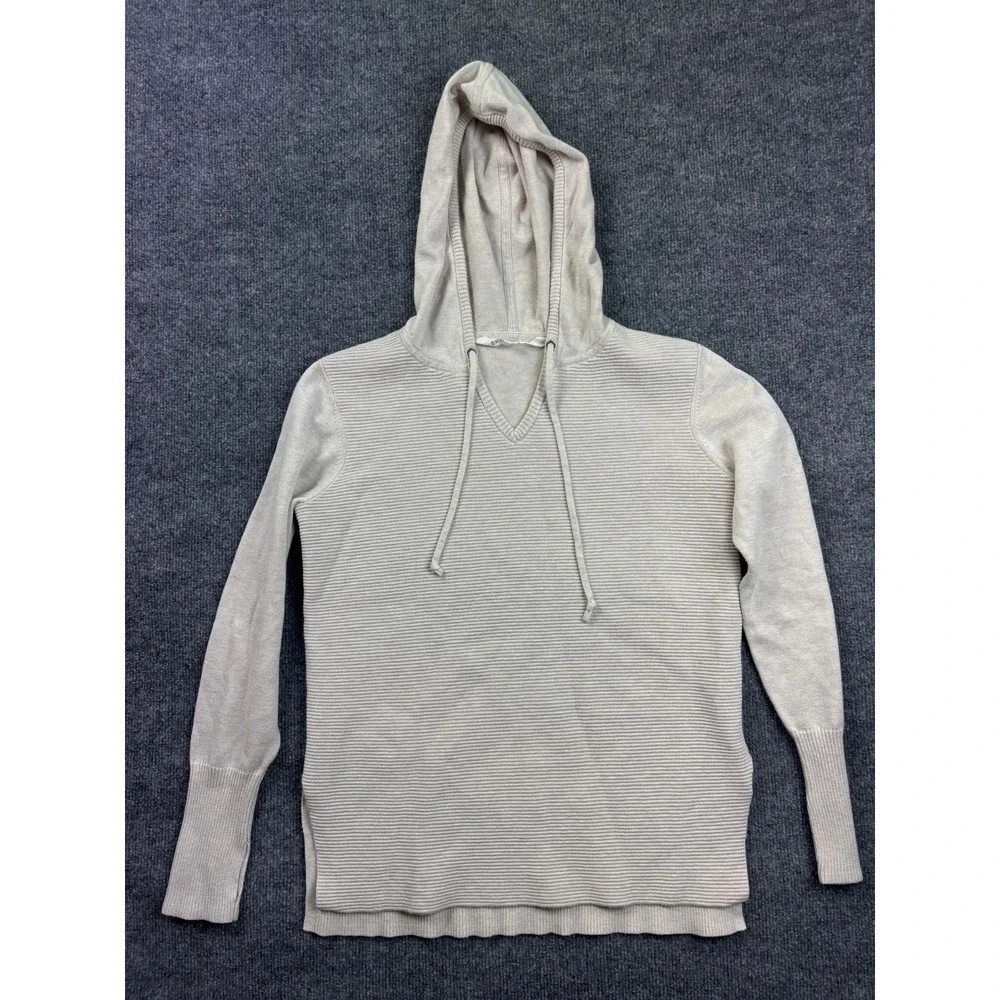Athleta Hoodie Sweater Womens Small Beige Ribbed Knit V-Neck Pullover - Picture 1 of 7